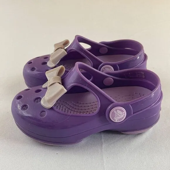 RARE Crocs Carlie Mary‎ Jane Bow Toddler Baby Girl Size 8 Purple Sandals Shoes