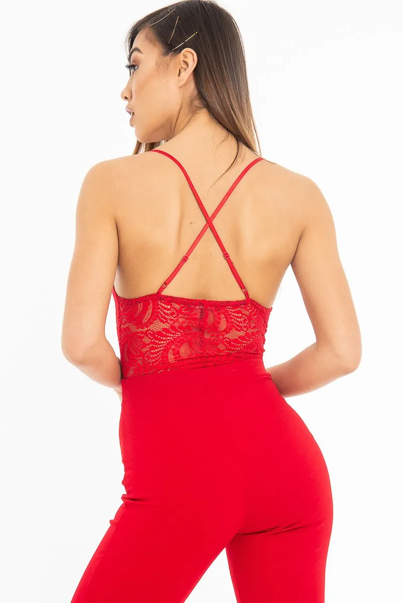 Red Lace Cross Back Bodysuit - Brogan
