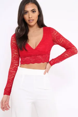 Red Lace Plunge Scalloped Hem Crop Top - Elouise