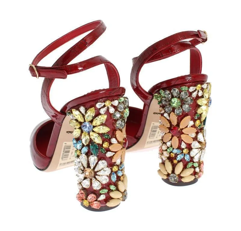 Red Leather Floral Crystal Shoes