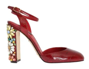 Red Leather Floral Crystal Shoes