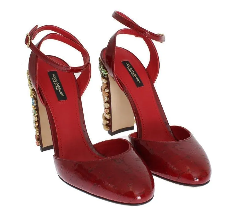 Red Leather Floral Crystal Shoes