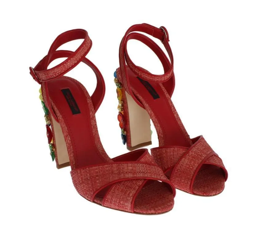 Red Leather Straw Crystal Sandals