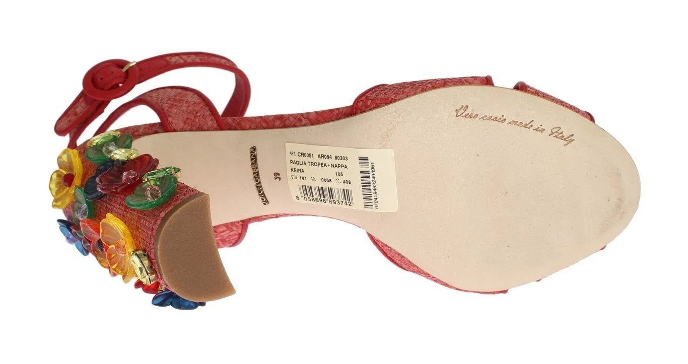 Red Leather Straw Crystal Sandals