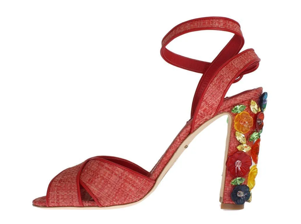 Red Leather Straw Crystal Sandals