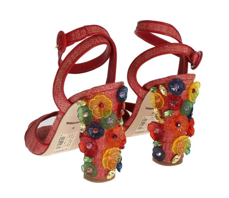 Red Leather Straw Crystal Sandals