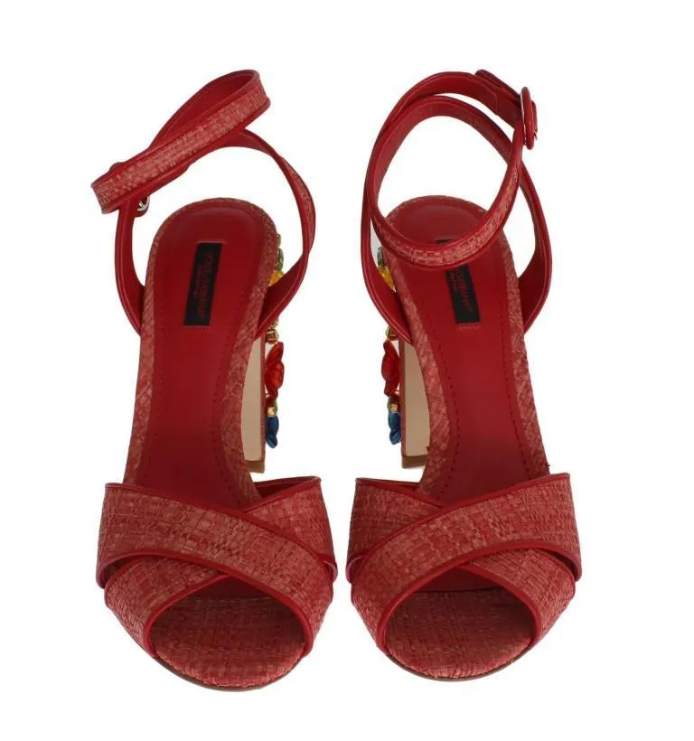 Red Leather Straw Crystal Sandals