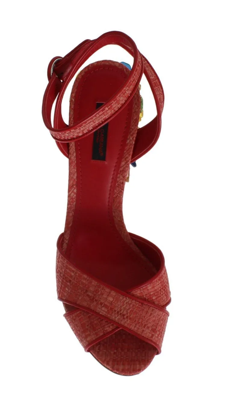 Red Leather Straw Crystal Sandals