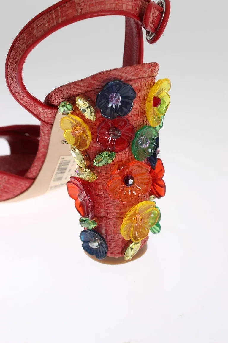 Red Leather Straw Crystal Sandals