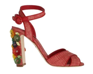 Red Leather Straw Crystal Sandals