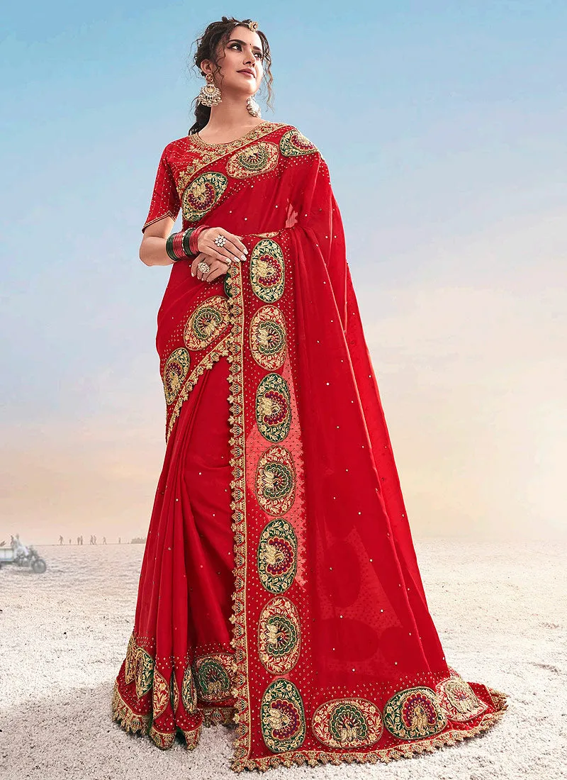 Red Multi Embroidered Saree