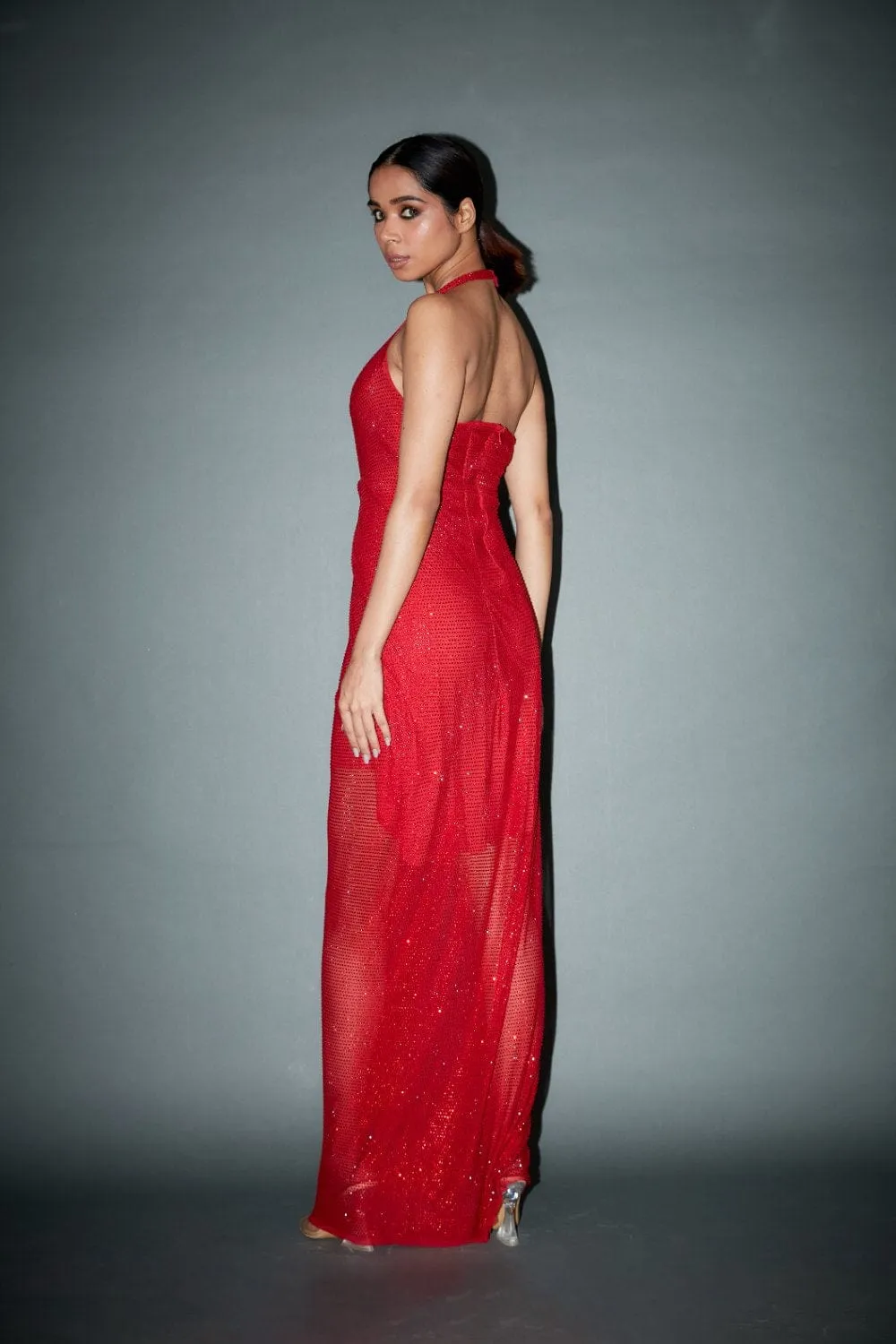Red Net Crystal Embellished Gown