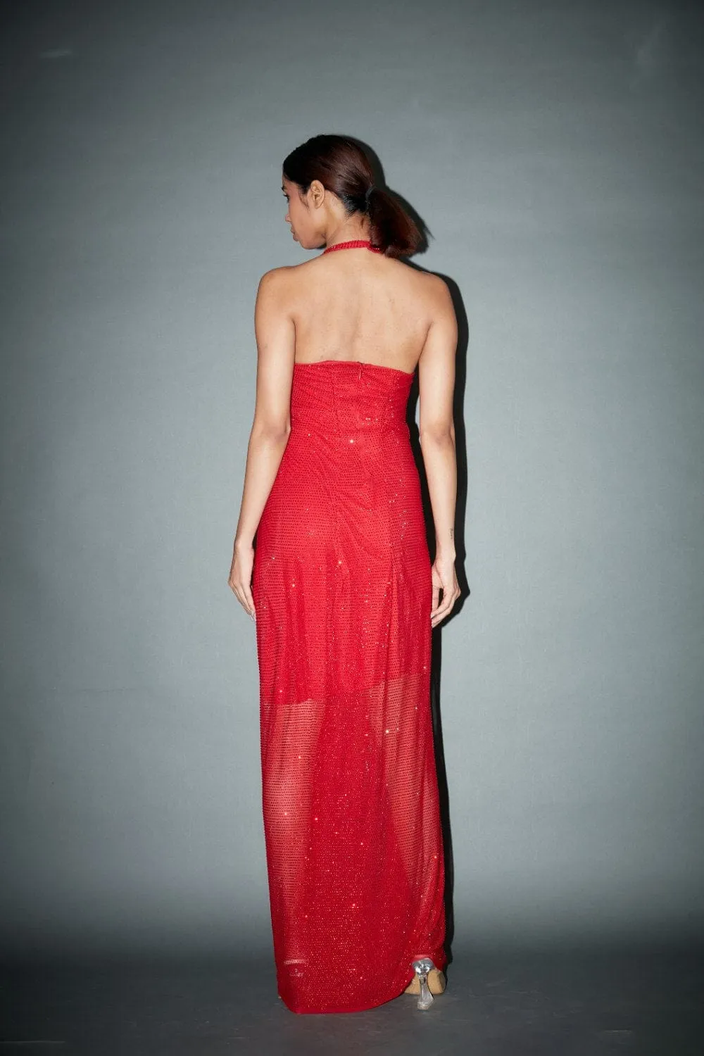 Red Net Crystal Embellished Gown