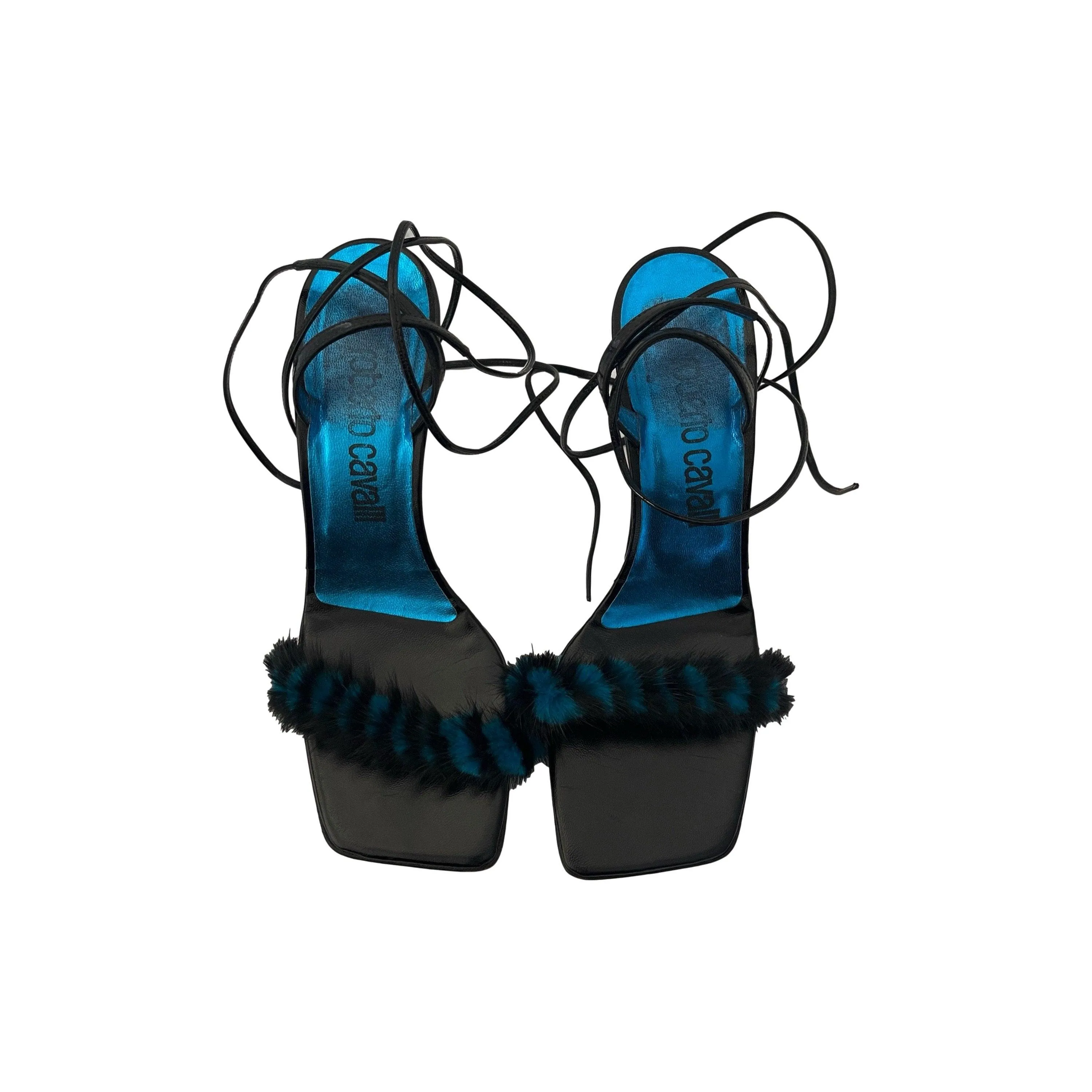 Roberto Cavalli Black Fur Strappy Heels