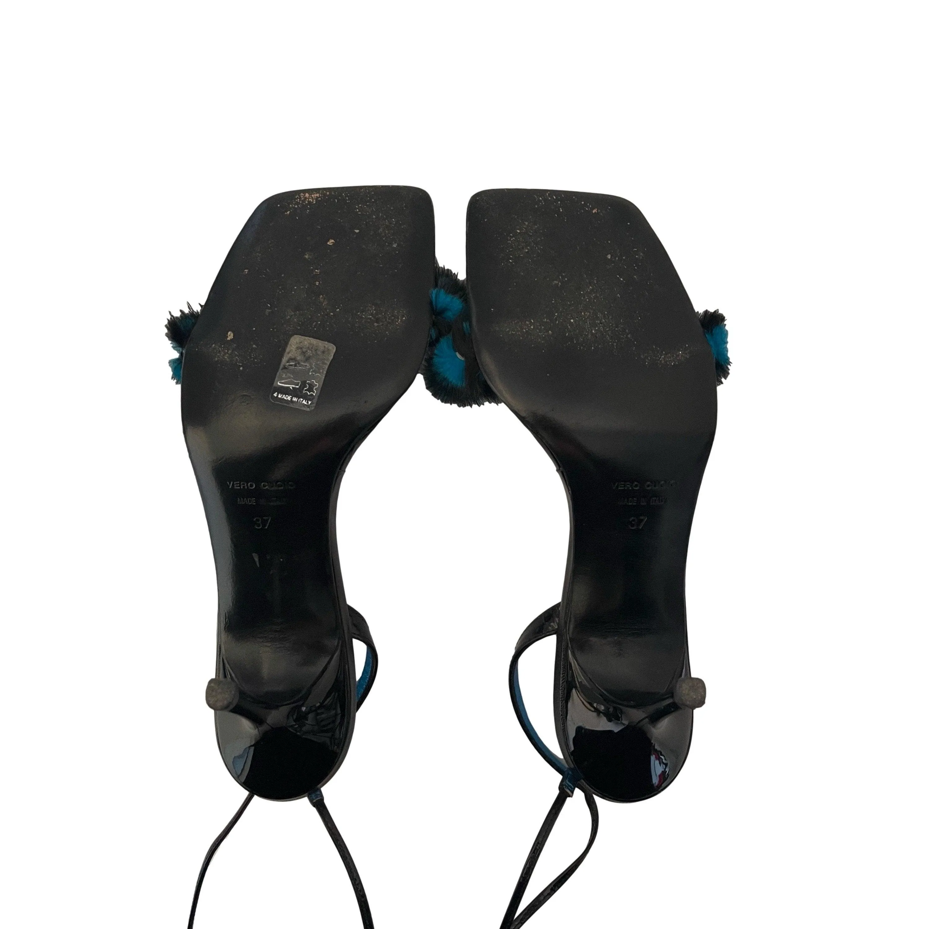 Roberto Cavalli Black Fur Strappy Heels