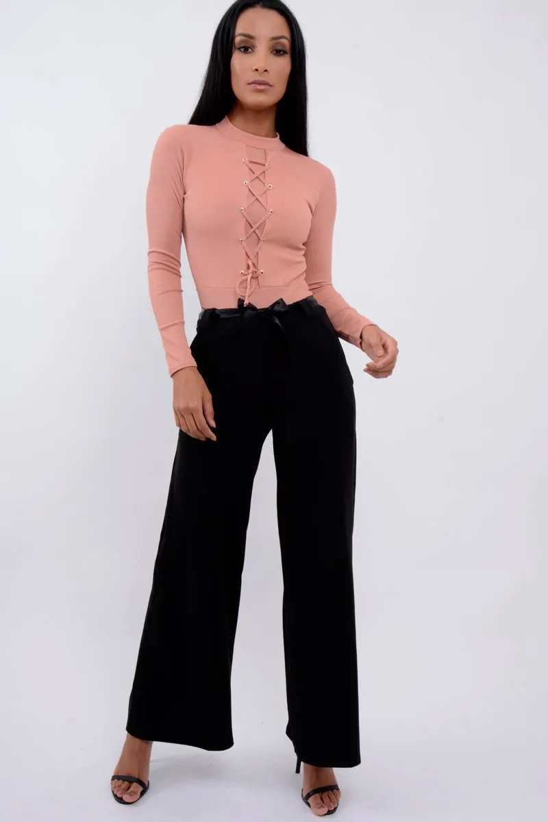 Rose Lace Up Ribbed Bodysuit - Jasmina