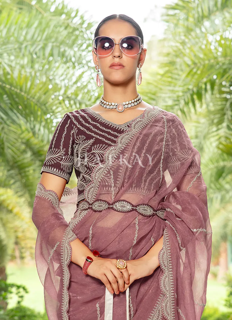Rose Pink Embroidered Organza Saree