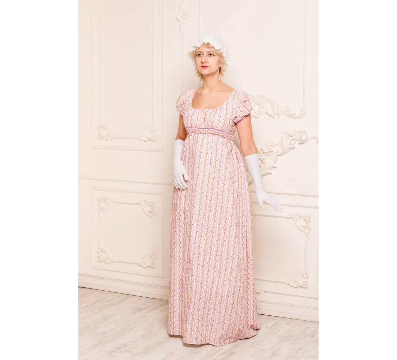 Rose regency cotton dress inspired by Jane Austen books