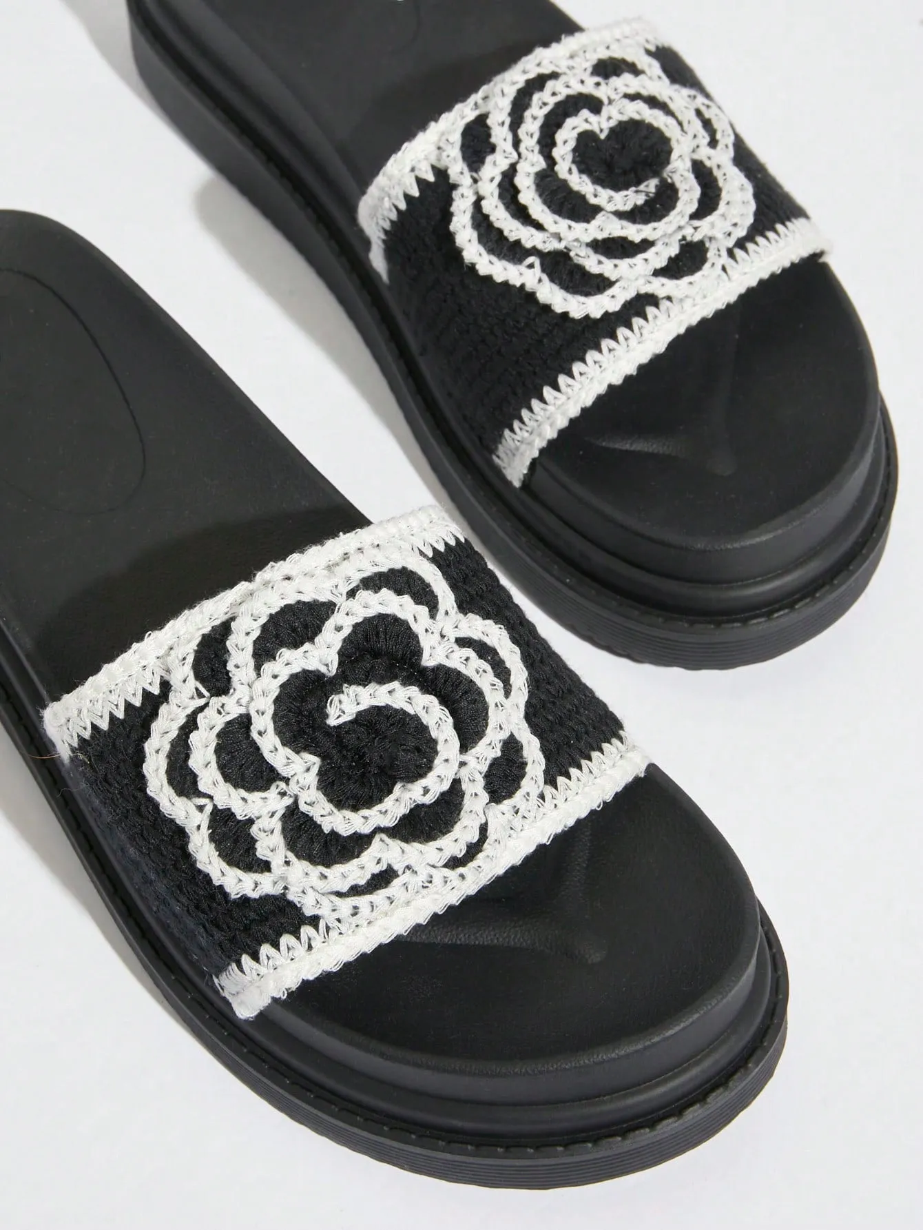Rosette Open Toe Black Slip On Sandals