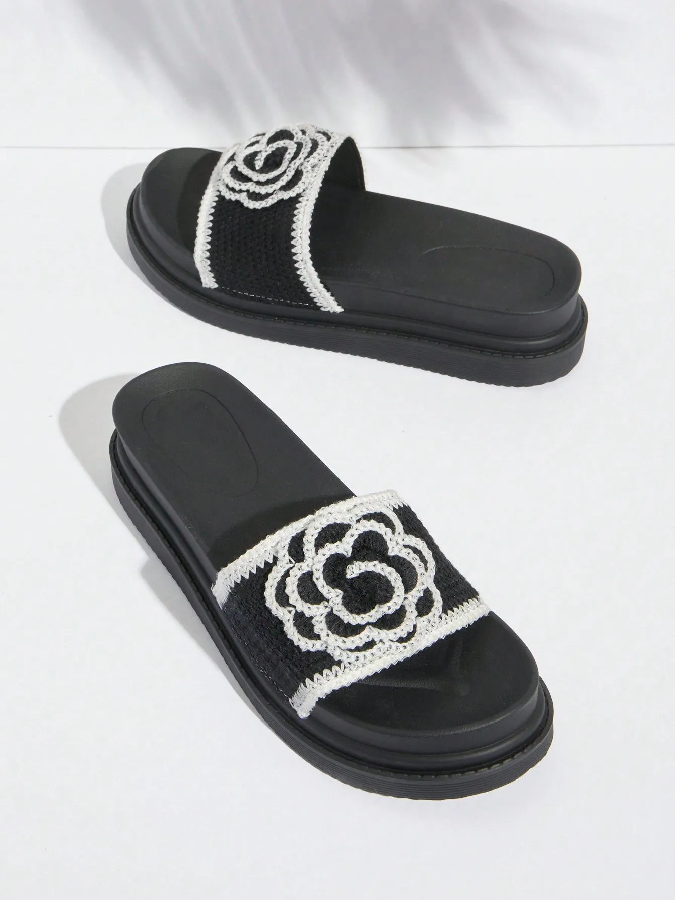 Rosette Open Toe Black Slip On Sandals