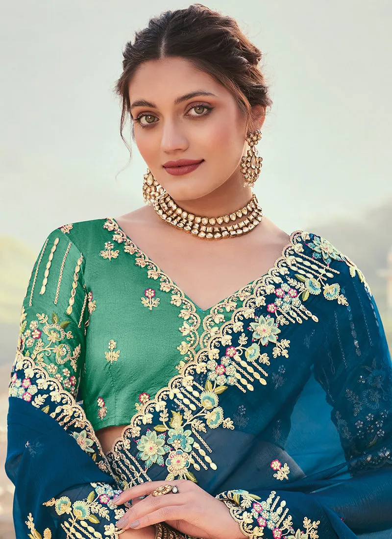 Royal Blue Multi Embroidery Designer Tissue Silk Saree