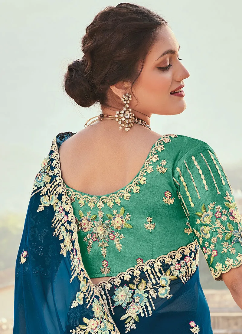 Royal Blue Multi Embroidery Designer Tissue Silk Saree