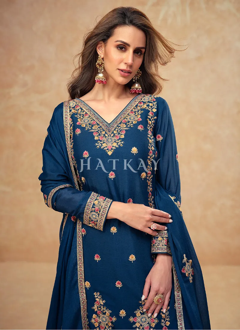 Royal Blue Multi Embroidery Palazzo Suit