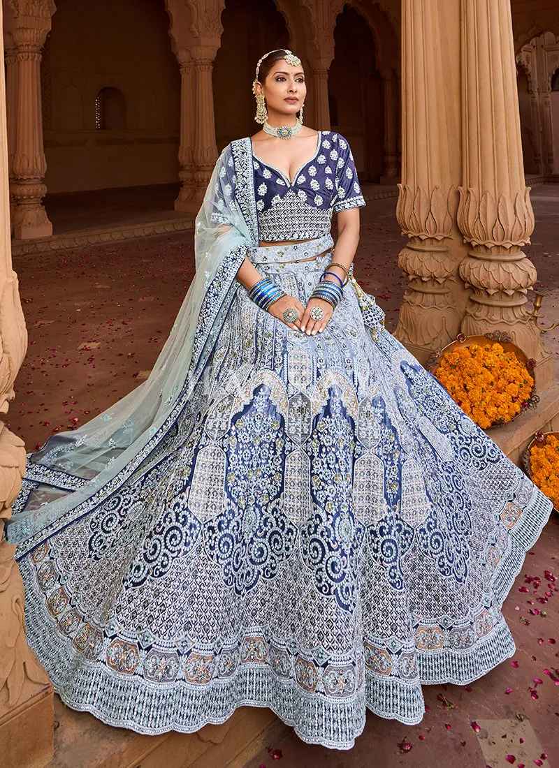 Royal Blue Velvet Designer Bridal Lehenga Choli