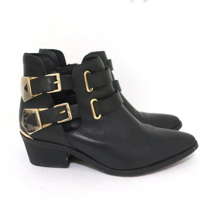 Sandro Double Buckle Ankle Boots Black Leather Size 37 Pointed Toe Booties