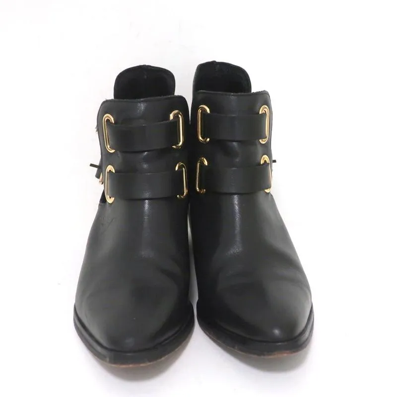 Sandro Double Buckle Ankle Boots Black Leather Size 37 Pointed Toe Booties