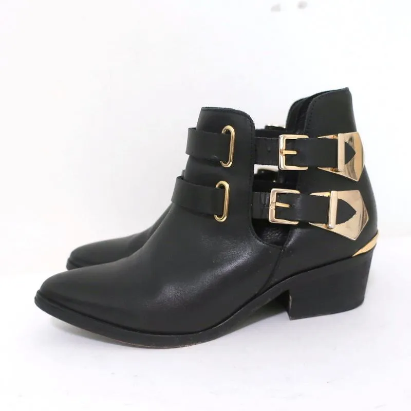 Sandro Double Buckle Ankle Boots Black Leather Size 37 Pointed Toe Booties