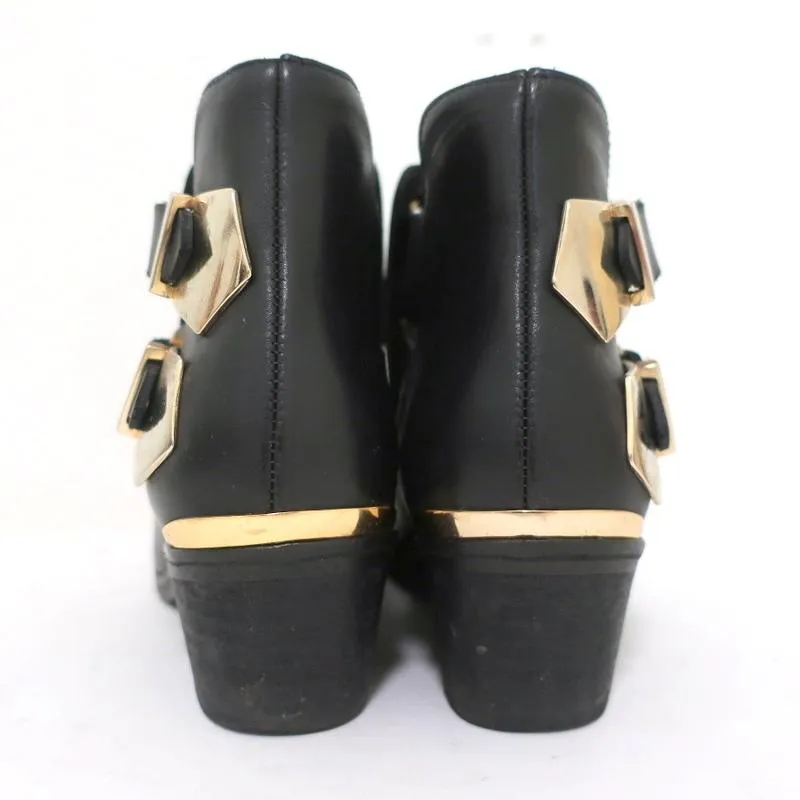 Sandro Double Buckle Ankle Boots Black Leather Size 37 Pointed Toe Booties