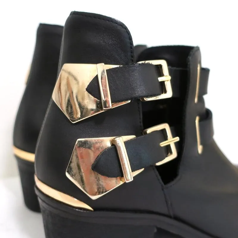 Sandro Double Buckle Ankle Boots Black Leather Size 37 Pointed Toe Booties