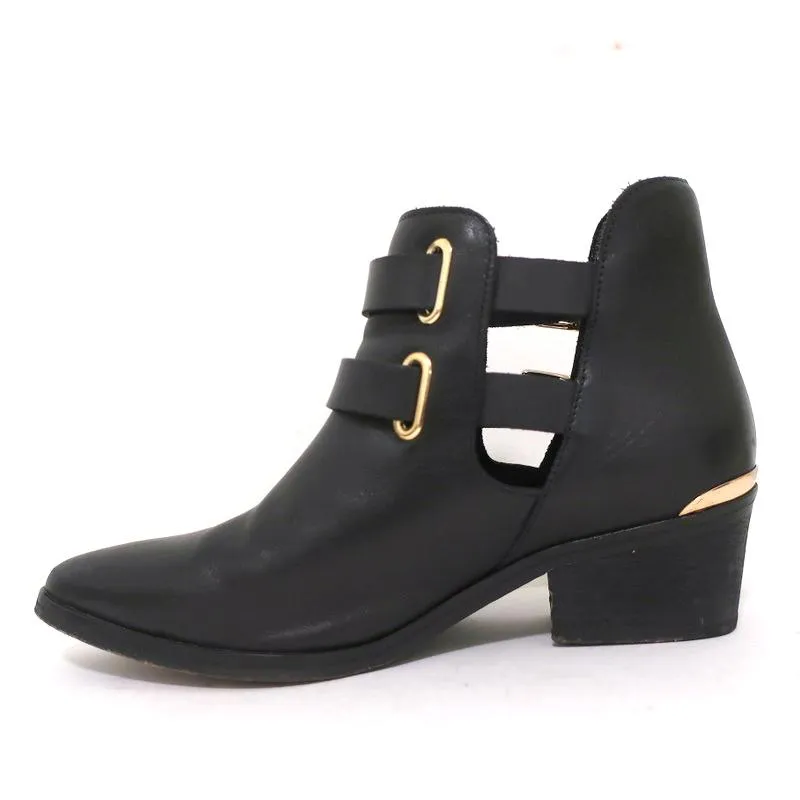 Sandro Double Buckle Ankle Boots Black Leather Size 37 Pointed Toe Booties