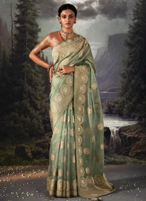 Sea Green Crystal Stone Embellished Brocade Silk Saree