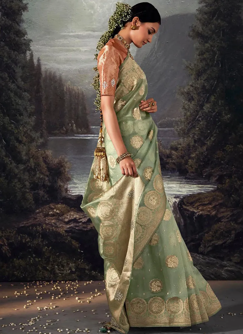 Sea Green Crystal Stone Embellished Brocade Silk Saree