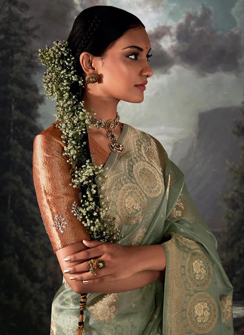 Sea Green Crystal Stone Embellished Brocade Silk Saree