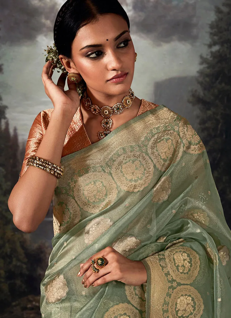 Sea Green Crystal Stone Embellished Brocade Silk Saree
