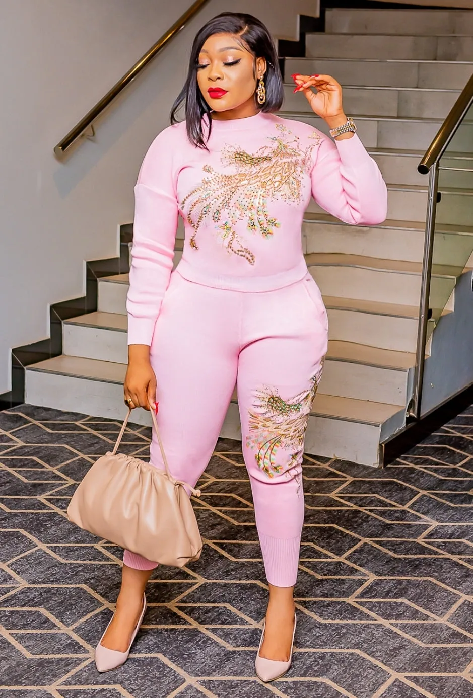 Selena- 2 pcs Embellished Sweater Tracksuit Set (NEW)