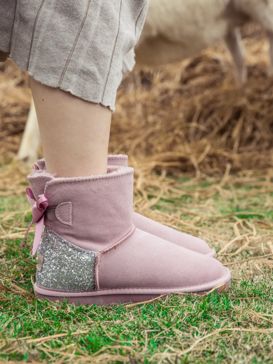 Sequins Ballet Bow Mini Boots - Dusty Pink