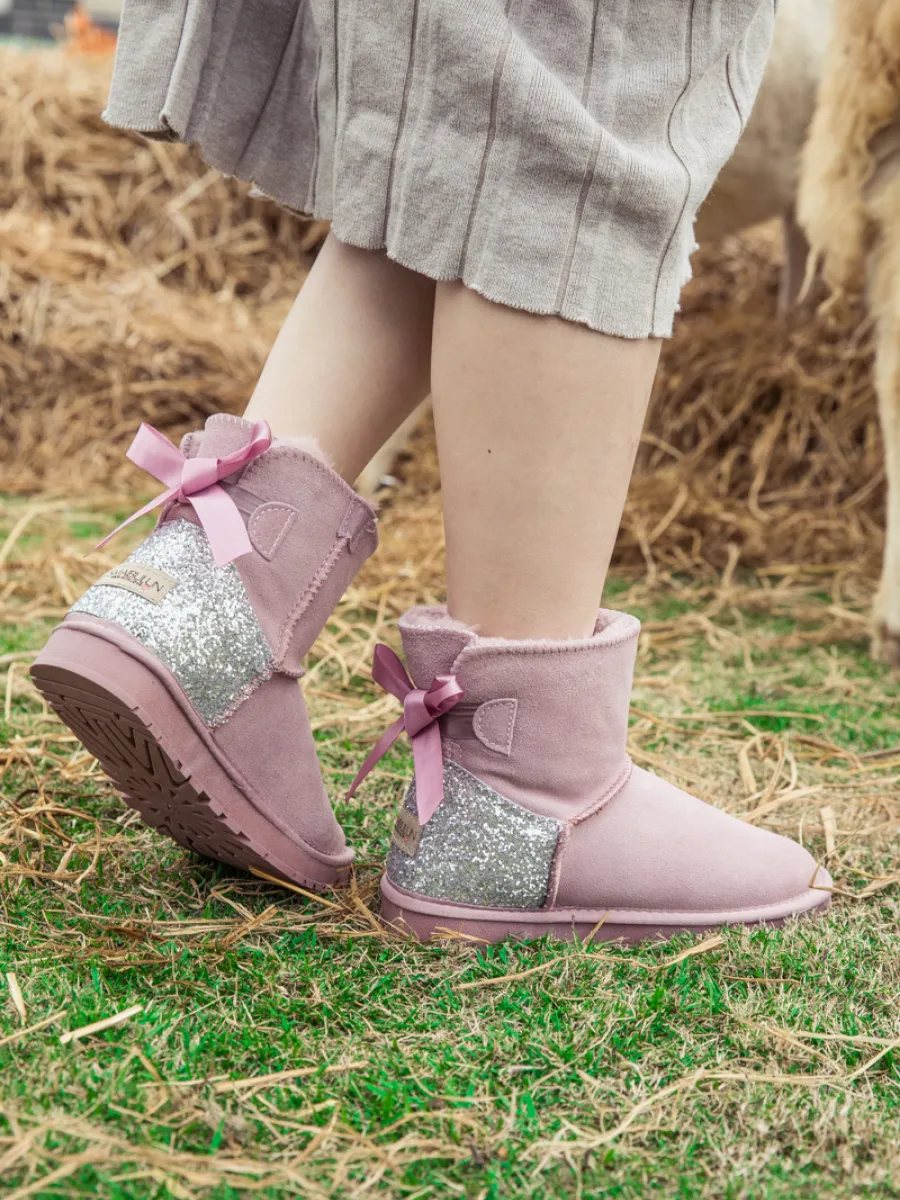 Sequins Ballet Bow Mini Boots - Dusty Pink