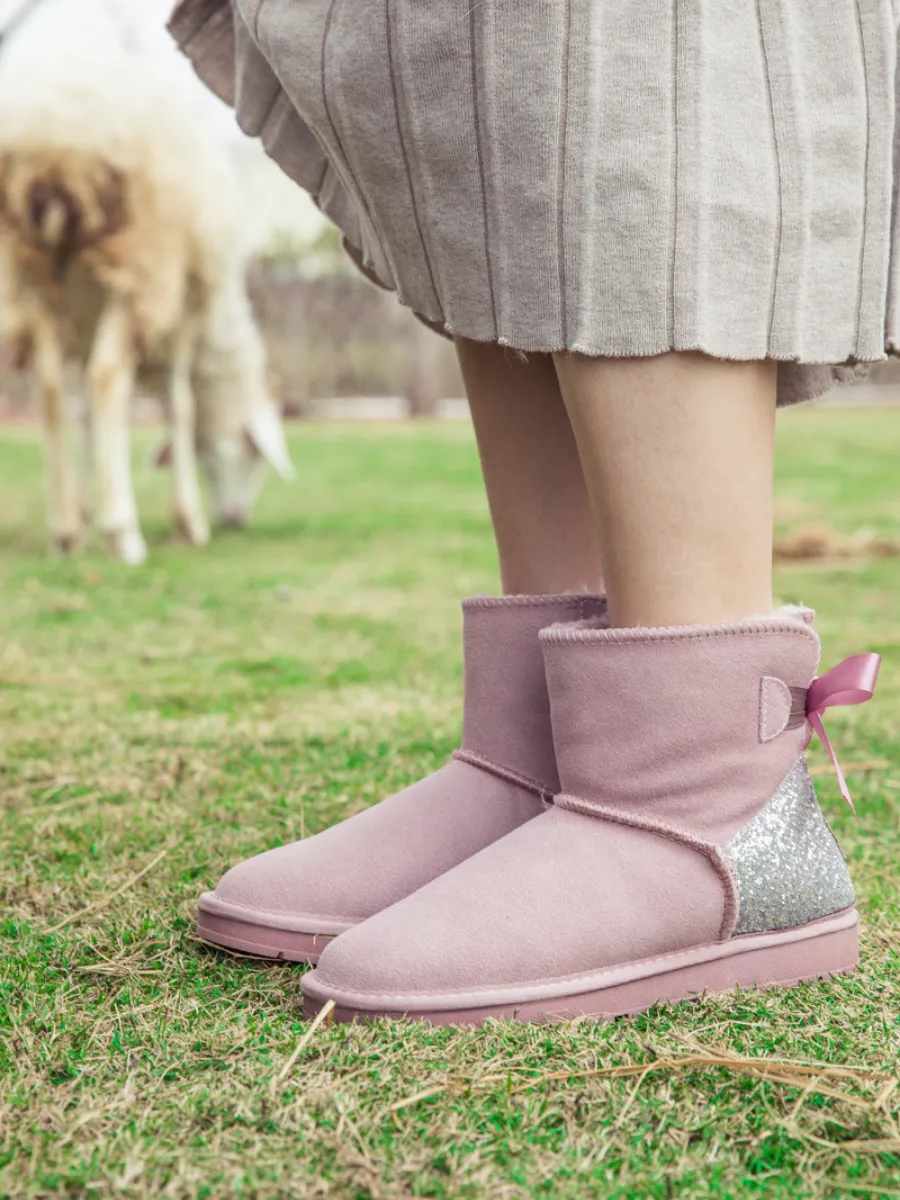 Sequins Ballet Bow Mini Boots - Dusty Pink