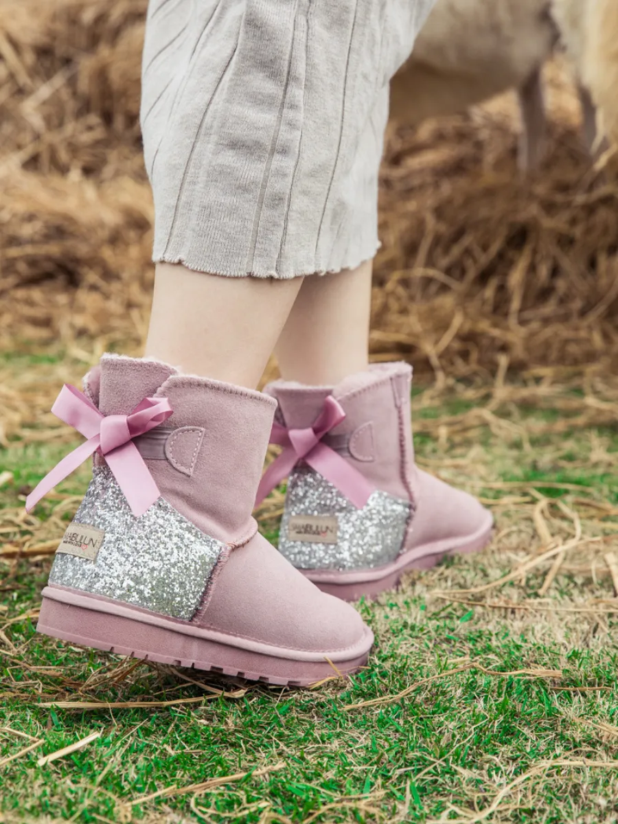 Sequins Ballet Bow Mini Boots - Dusty Pink