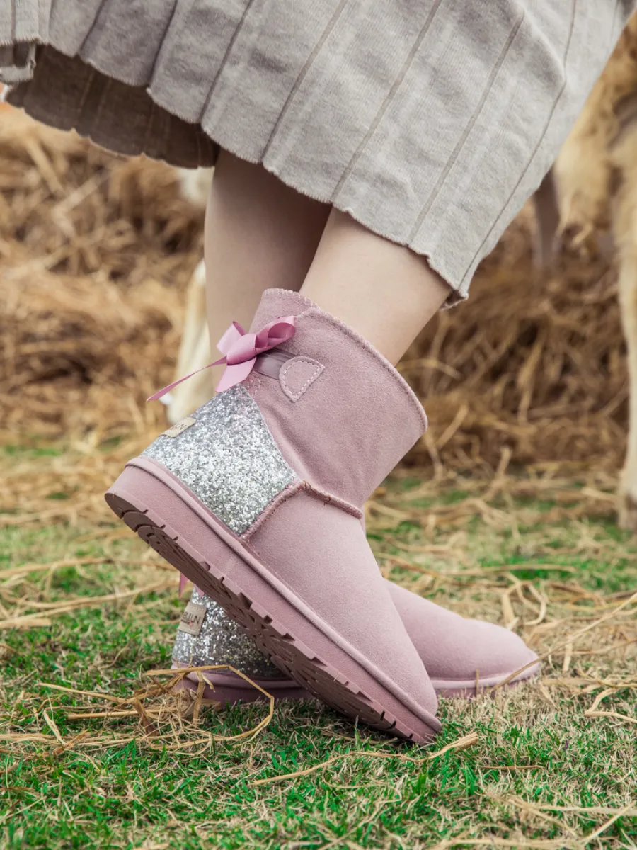 Sequins Ballet Bow Mini Boots - Dusty Pink