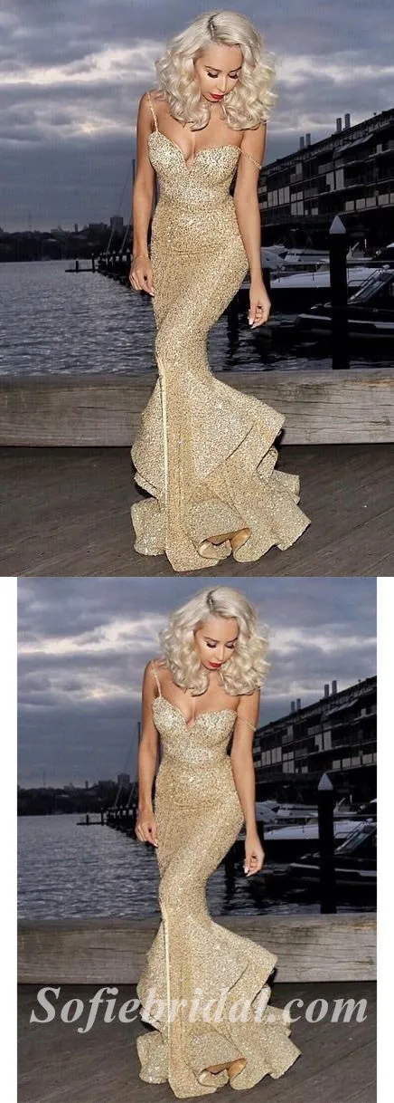 Sexy Gold Sequin Spaghetti Straps V-Neck Sleeveless Mermaid Long Prom Dresses,SFPD0390