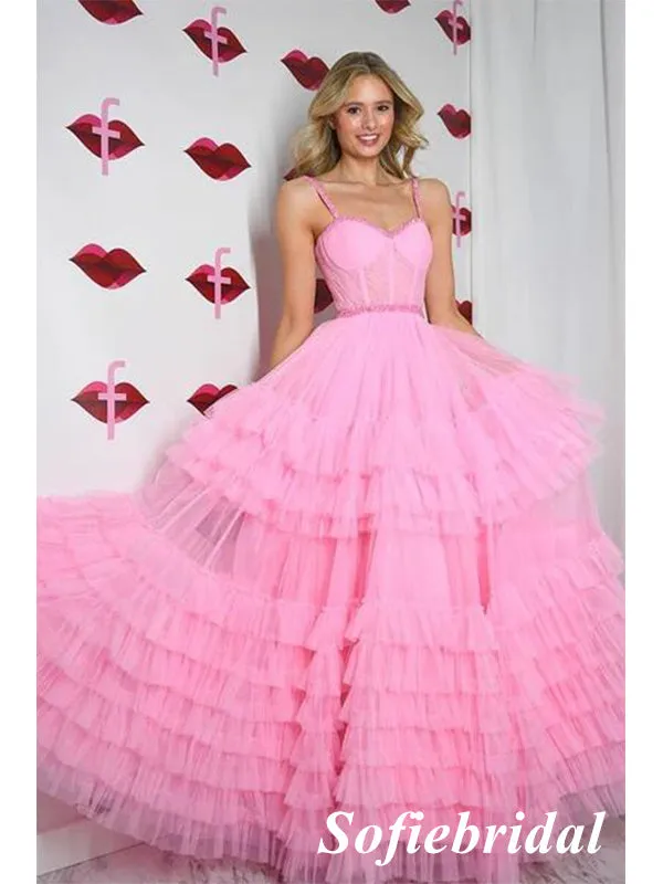 Sexy Pink Tulle Spaghetti Straps Sleeveless A-Line Floor Length Prom Dress, PD01058
