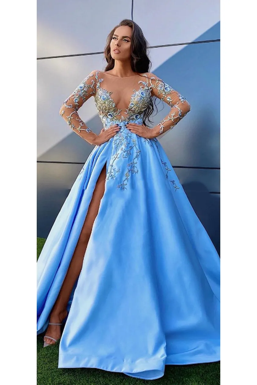 Sexy Prom Dress Blue Satin A-Line Side Slit Long Sleeves Prom Dresses Evening Dresses OHC600