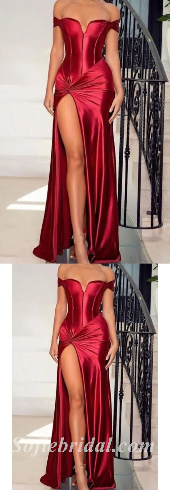Sexy Rust Satin Off Shoulder V-Neck Sleeveless Side Slit Sheath Long Prom Dresses ,SFPD0502