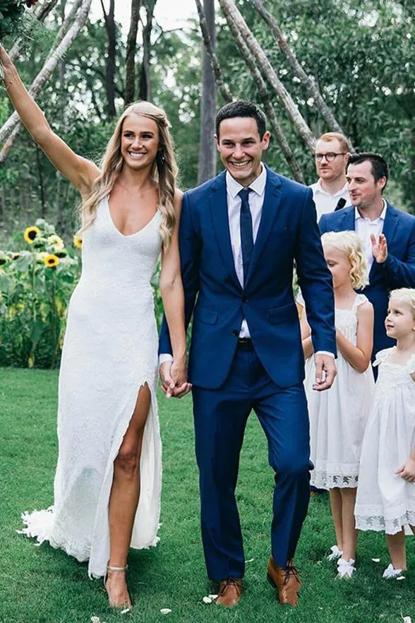 Sexy Spaghetti Straps Sheath Wedding Dress with Slit Romantic Lace Beach Wedding Dress CP028