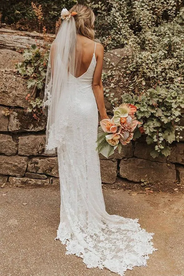 Sexy Spaghetti Straps Sheath Wedding Dress with Slit Romantic Lace Beach Wedding Dress CP028